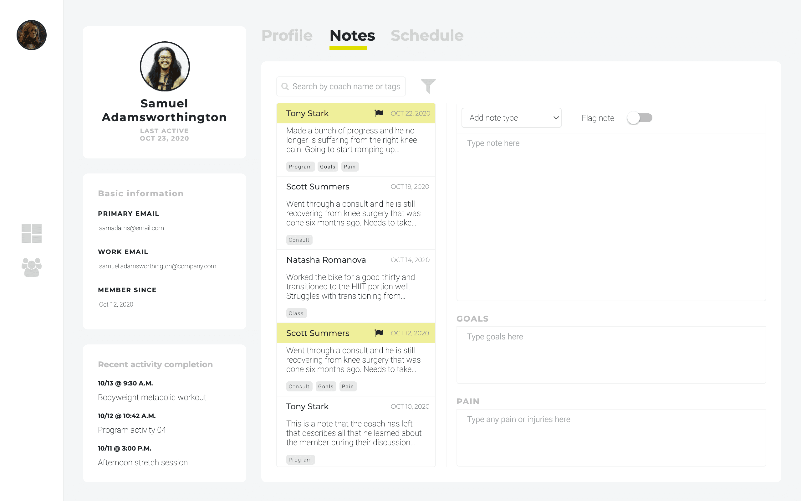 Coach Hub notes tab: list of coach notes with flagged notes highlighted and a note composer with goals and pain fields.