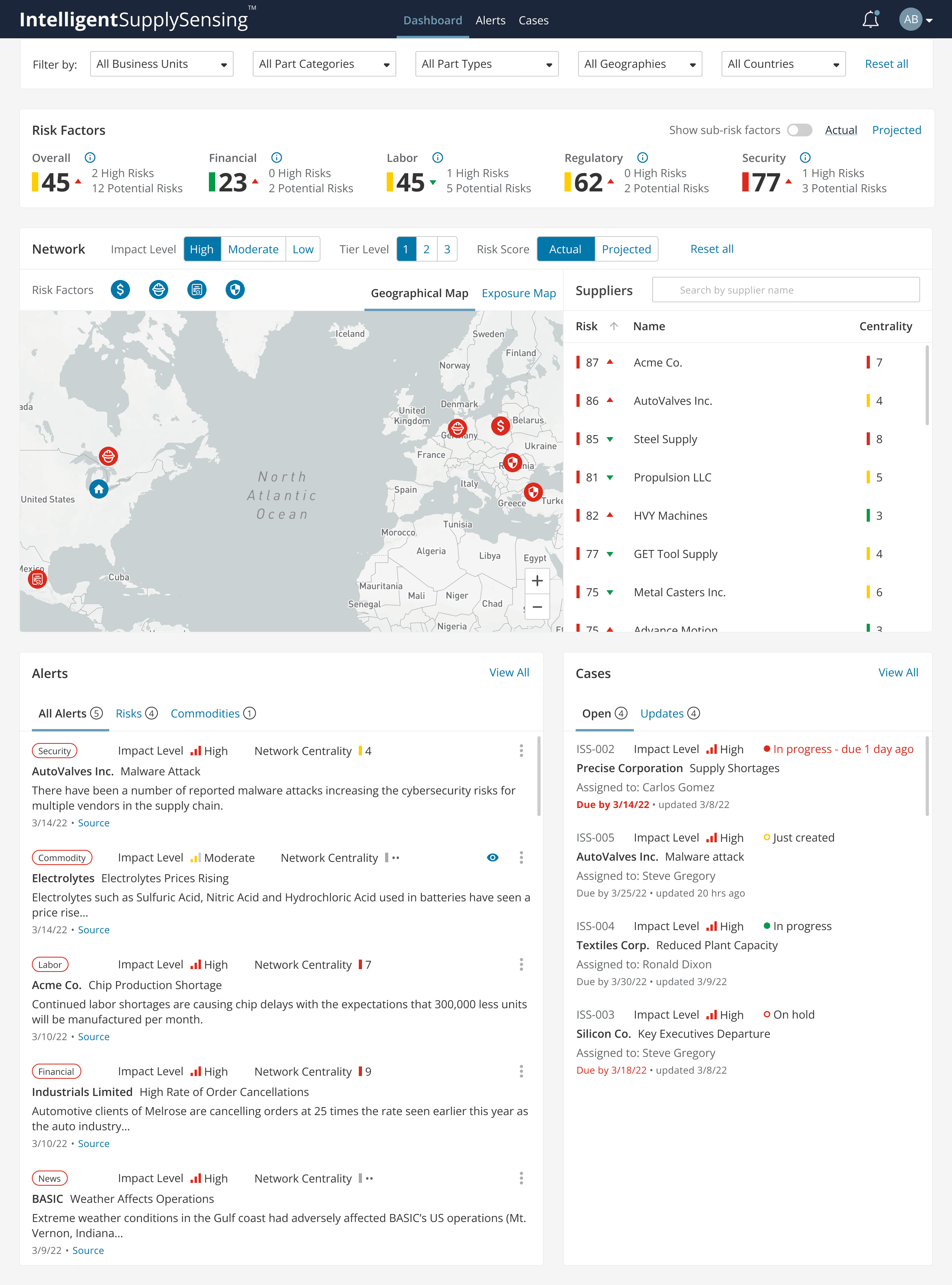 ISS dashboard default state: world map with risk-factor pins and a supplier list ranked by risk score.