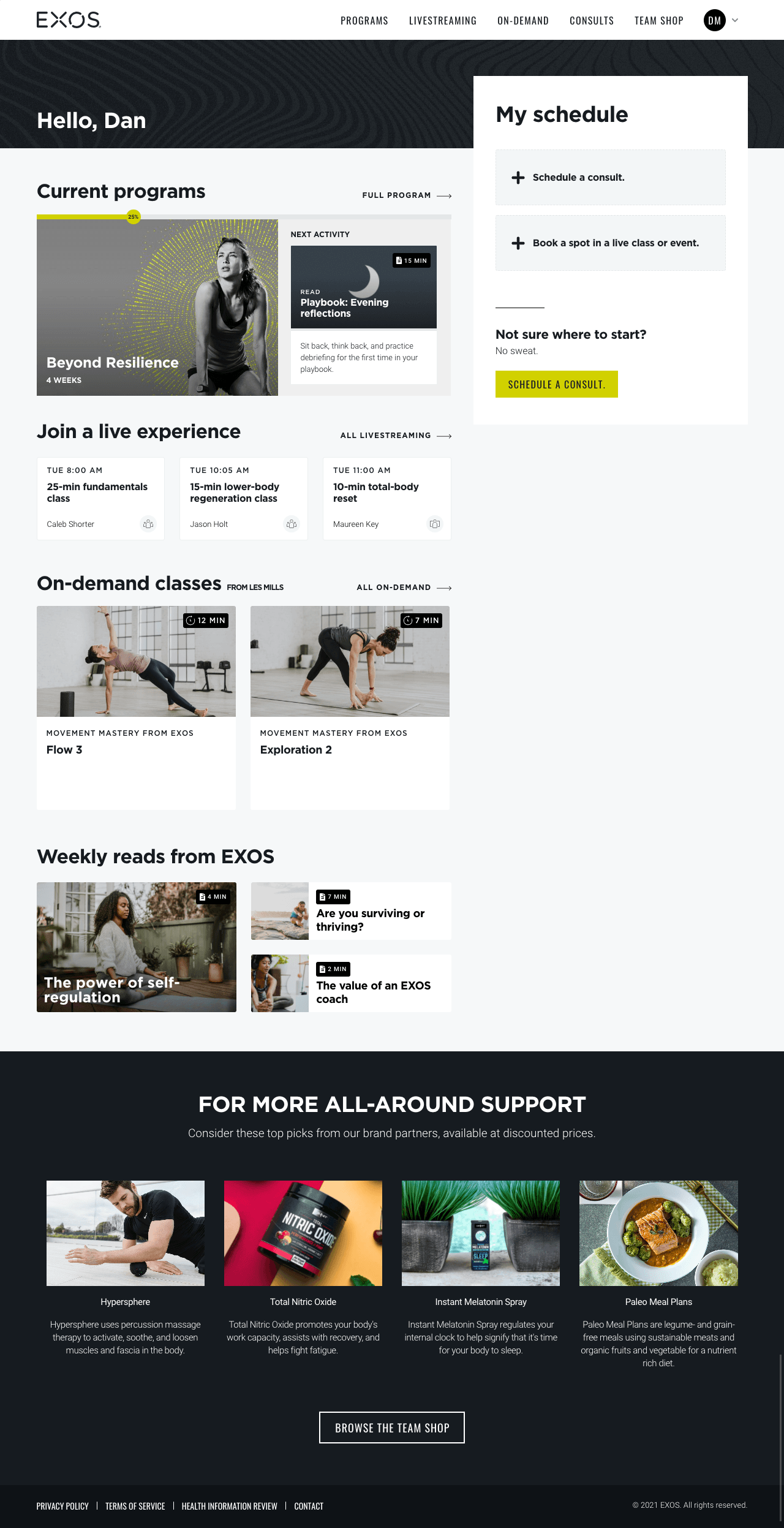 EXOS member home: current program card with progress and next activity, live classes, on-demand classes, weekly reads, and a My schedule panel.