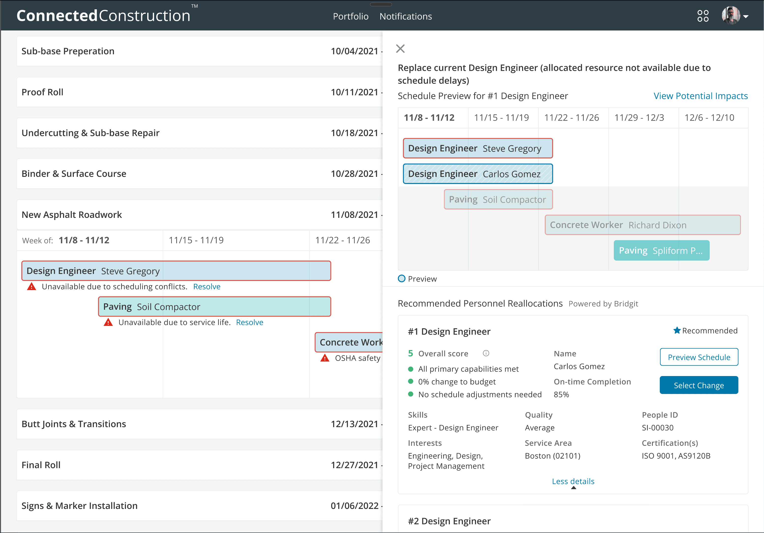 Connected Construction resolution drawer open beside the schedule: a previewed replacement on a timeline and the top recommended candidate card.